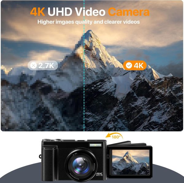 4K Digital Camera for Photography Auto-Focus Vlogging Camera for YouTube Video with 3'' 180° Flip Screen 16X Anti-Shake 4K Camera Compact Cameras with SD Card, Flash, 2 Batteries & Battery Charger - Image 2