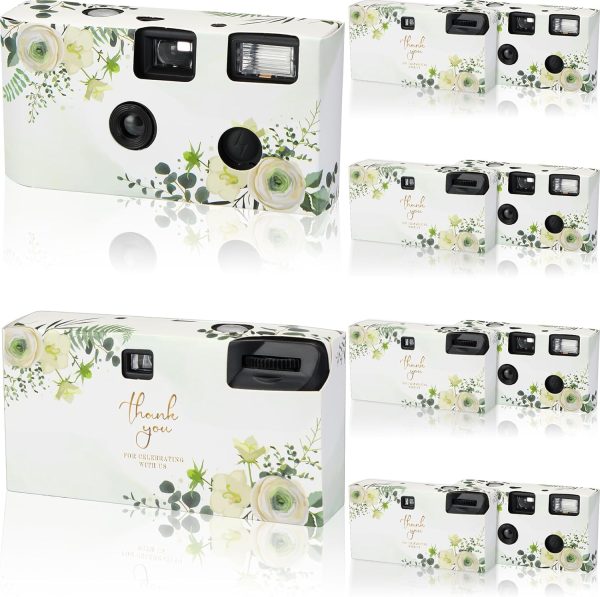 Kanayu 10 Pack Disposable Camera for Wedding Floral 34mm Single Use Film Camera with Flash One Time Use Camera for Anniversary Concert Travel Camp Party Supply Gift Honeymoon, Eucalyptus White Rose